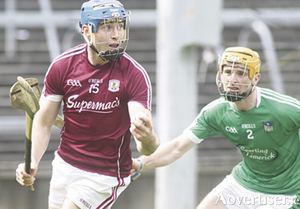 Galway&rsquo;s Conor Cooney, part of an impressive full forward line,  and Limerick&#039;s Richie English in action from the Allianz Hurling League semi-final at the Gaelic Grounds on Sunday. Photo:-Mike Shaughnessy