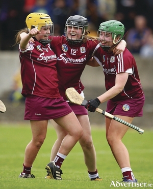 Galway&#039;s Siobhan McGrath, Ciara Helebert and Sarah Spellman celebrate victory in the All-Ireland Minor A Championship final.