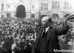 Lenin addressing crowds during the Russian Revolution.