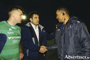 Long-serving Ronan Loughney  and Pat Lam after  the final Guinness Pro12 game at the Sportsground. Loughney, who has played for Connacht for 15 years, was one of several players farewelled on the night. 			Photo: Mike Shaughnessy