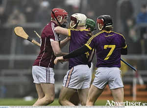 Sparks may fly: Galway&rsquo;s Joe Canning and James Breen of Wexford during their league encounter.