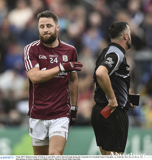 Michael Lundy of Galway is sent off by referee David Gough during the Connacht GAA Football Senior Championship final match between Galway and Roscommon at Pearse Stadium in Salthill, Galway. Photo by David Maher/Sportsfile
