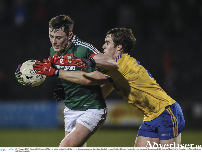 Diarmuid O'Connor breaks through the challenge of David Murray in Mayo's last meeting with Roscommon, in the league in February. Photo: Sportsfile. 
