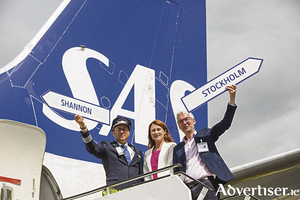 Conny Ornell, captain SAS airlines, Mary Considine, deputy CEO, Shannon Group, and Alan Sparling, MD of ASM Ireland, at the commencement of Scandinavian Airlines&#039; twice weekly service to Shannon from Stockholm.