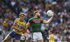 The one armed man: Aidan O&#039;Shea field the ball in the air one handed. Photo: Sportsfile