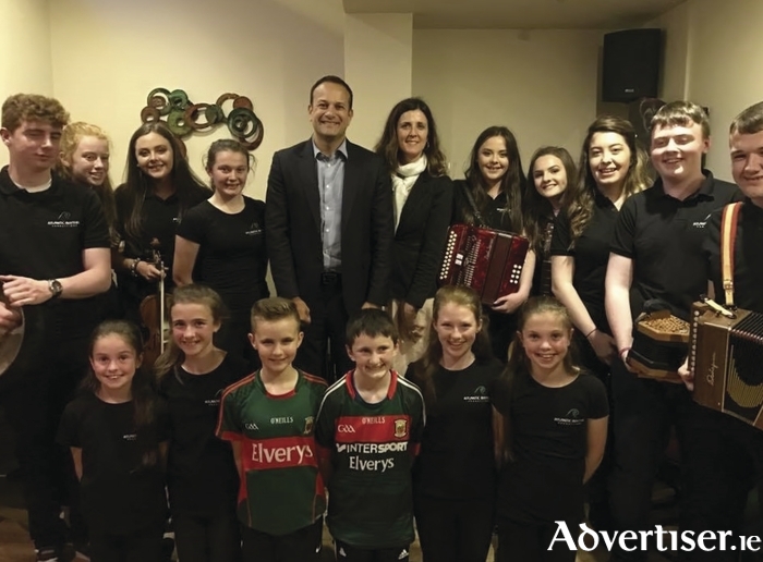 Members of Atlantic Rhythm Productions pictured with An Taoiseach, Leo Varadkar, and Senator Michelle Mulherin in Ballina recently