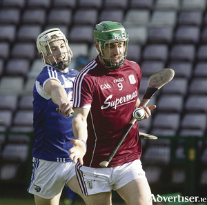Leading from the front: Galway&#039;s David Burke in action from the Allianz Hurling league game at Pearse Stadium. Photo:-Mike Shaughnessy