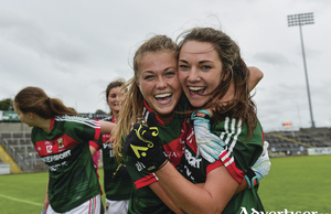 Final bound: Sarah Rowe and Niamh Kelly celebrate at full-time as Mayo booked their place in the All Ireland final. Photo: Sportsfile. 
