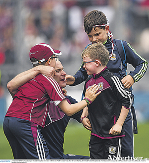Galway manager Miche&aacute;l Donoghue celebrates with his sons Niall, Con and Cian after the GAA Hurling All-Ireland Senior Championship Final match between Galway and Waterford at Croke Park in Dublin. Photo by Brendan Moran/Sportsfile