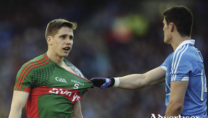 Stretching it out: Lee Keegan eyes up Diarmuid Connolly in last years final replay. Photo: Sportsfile 