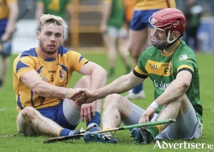 After the battle:  Owen Tracey of Portumna and Adrian Cullinane shake hands after the Galway Senior Hurling Club quarter finals at Kenny Park, Athenry on Sunday. 
Photo:- Mike Shaughnessy
