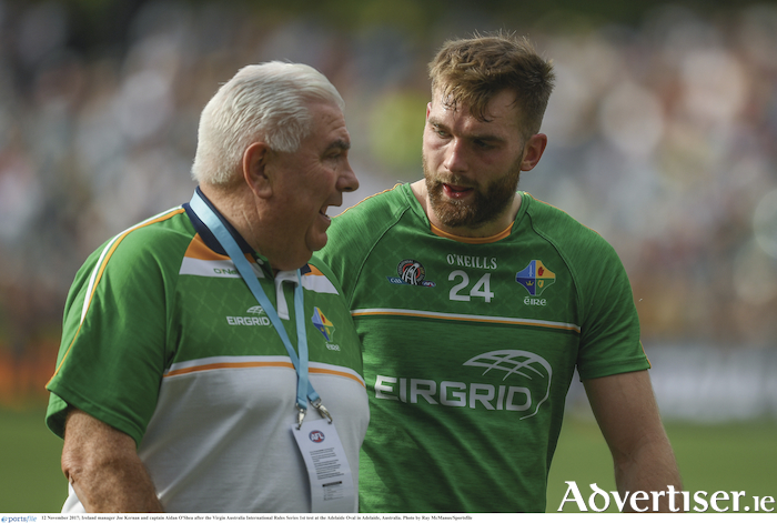 Mayo's Aidan O'Shea who is captaining the Irish International Rules side in Australia with Ireland manager Joe Kernan after the end of the first test last Sunday. The second test takes place tomorrow morning at 8.30am in Perth. Photo: Sportsfile.