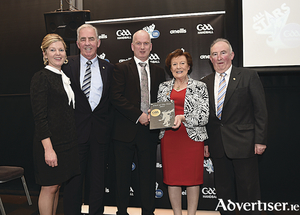 Moycullen committee members Imelda Mulkerrins, Morgan Darcy, Brian Mulkerrins and Tony Audley accept the 2017 Club of the Year award from  Patricia Woods (MII sponsors). Photo: Tommy Grealy.