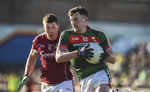 Diarmuid O&#039;Connor of Mayo in action against Gareth Bradshaw of Galway. Photo: Sportsfile 
