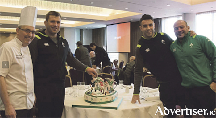 Head chef Eoin O’Neill is pictured with Ireland rugby stars CJ Stander, Conor Murray and Rory Best during the squad’s recent stay at the hotel
