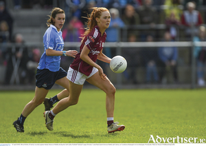 Galway&rsquo;s Olivia Divillyon the ball against Sinead Aherne of Dublin during the Lidl Ladies Football National League division one semi-final match at Coralstown, Kinnegad GAA, in Kinnegad, Westmeath. 