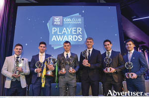  Corofin players Dylan Wall, Martin Farragher, Liam Silke, Kieran Fitzgerald, Michael Farragher and Ian Burke with their awards at the AIB GAA Club Player Awards at Croke Park in Dublin. 