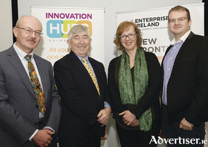 GMIT&rsquo;s head of innovation and enterprise George McCourt, with panel judges (l-r): Rory Hynes, Enterprise Equity venture partner, Geraldine McLoughlin, Western Development Commission investment executive, and George Curley, founder and CEO of CGA Technology. Photo:Andrew Downes, XPOSURE.
