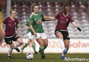 Saoirse Noonan of Cork City in action against Tessa Mullins of Galway WFC during the Continental Tyres Women&rsquo;s National League match between Galway WFC and Cork City FC at Eamonn Deacy Park in Galway. Photo by Harry Murphy/Sportsfile