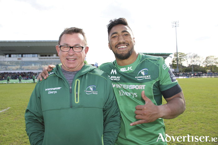 A satisfied Kieran Keane with Bundee Aki after Connacht hammer Leinster 47-10 in John Muldoon's farewell game at the Sportsground on Saturday. 