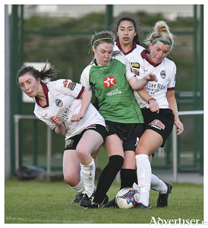 Pea sandwich:  Galway Women&#039;s FC&#039;s Sarah Baynes and Shauna Fox combine to dispossess former teamate and current Peamount United star Chloe Maloney. 
Photo Mick O&#039;Shea.