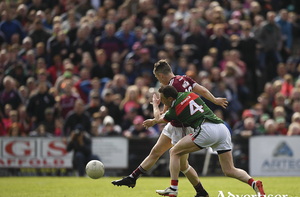 Game changer: Johnny Heaney fires the ball to the back of the Mayo net. Photo: Sportsfile 