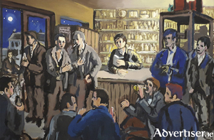 A detail from Late Night Longford, Discussions on the Future by Bernard Canavan. Below is a Canavan&#039;s The Irish Mail, Euston.