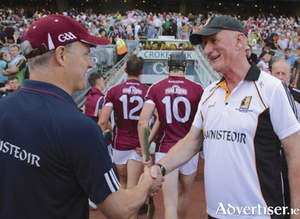 See ya in Thurles...Miche&aacute;l Donoghue and Brian Cody greet each other after  the Leinster GAA Hurling Senior Championship final at Croker Park on Sunday. Photo:-Mike Shaughnessy