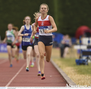 Emma Moore, from Galway City Harriers, on her way to winning the girls U15 800m at the Irish Life Health National Track and Field Championships. 