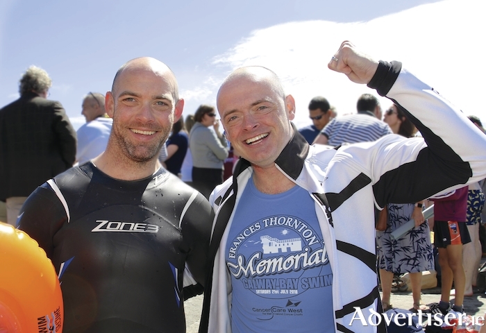 Mark Dunleavey (right) of Salthill completed he 13th annual Frances Thornton Memorial Galway Bay Swim in aid of Cancer Care West on Saturday pictured with his brother Rory. Photo:-Mike Shaughnessy
