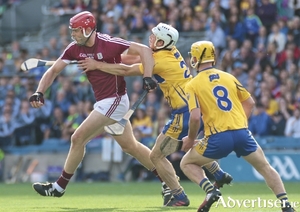 Galway&#039;s Jonathan Glynn and Clare&#039;s Patrick O&#039;Connor in action from the All Ireland Senior Hurling Championship semi-final at Croke Park, Sunday. Photo:-Mike Shaughnessy