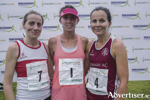 First three ladies, left to right, Regina Casey of Gch second, winner Siobhan o Doherty of Borrisokane AC, and third Jane Ann Meehan of Athenry AC.