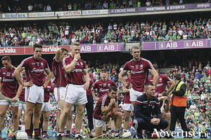 A dispirited Galway team after losing the All  Ireland Senior Hurling Championship final in Croke Park, Sunday. Photo:-Mike Shaughnessy