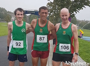 Top three finishers in the Castlebar Greenway 10 mile race: Daire Comer (Tuam AC) 3rd, John Byrne (Mayo AC) 1st and David Tiernan (Mayo AC) 2nd.