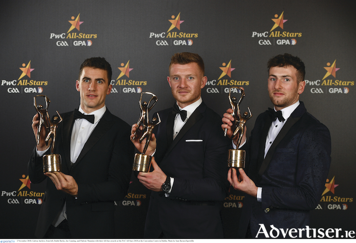 Galway hurlers Daithi Burke, Joe Canning, and Padraic Mannion with their All-Star awards at the PwC All Stars 2018 at the Convention Centre in Dublin. 
Photo by Sam Barnes/Sportsfile 