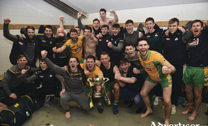 Corofin players celebrate in the changing room following the AIB Connacht GAA Football Senior Club Championship final match against Ballintubber at Elvery&#039;s MacHale Park in Castlebar, Mayo. Photo by David Fitzgerald/Sportsfile.