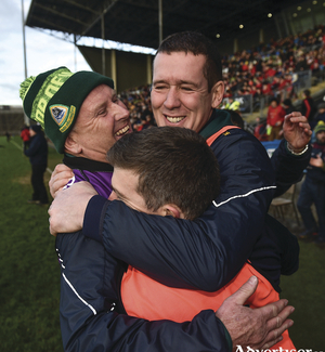 Corofin manager Kevin O&#039;Brien, centre, celebrates with waterman PJ Riley, left, and selector Joe Kenny following the AIB Connacht GAA Football Senior Club Championship final match against Ballintubber at Elvery&#039;s MacHale Park in Castlebar, Mayo. Photo by David Fitzgerald/Sportsfile.