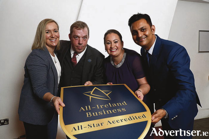 Roz and Leon Tunney-Ware (l), Westport Adventure Park, Co Mayo, at the launch of the All-Ireland Business Foundation Accreditation, a verified standard mark for Irish businesses, with All-Ireland Business Foundation  Programme Directors, Elaine Carroll and Kapil Khanna.  Photo Conor McCabe.
