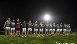 On the road again: Paddy Durcan and his team-mates line up for the national anthem before throw-in against Roscommon. Photo: Sportsfile 