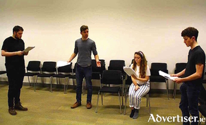 The cast of Bull in rehearsal: (LtoR) Shane McCormick, Shane Gaffney, Ellen McBride and Davin Mc Gowan.