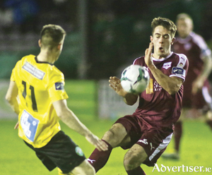 Galway United&#039;s Maurice Nugent and Bray Wanderers Derek Daly clash in the SSE Airtricity game on Friday night at Eamonn Deacy Park. 	Photo:- Mike Shaughnessy 