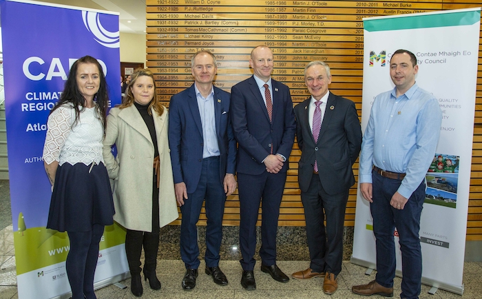 Anne Ronayne (Regional Climate Officer), Maria O’Connell (Executive Climate Scientist), Martin Keating (Senior Executive Officer, Mayo County Council), David Mellett (Regional Co-Ordinator), Minister for Communications, Climate Action and Environment, Richard Bruton TD, and Liam Scott (Assistant Climate Scientist) at the official opening of the Regional Climate Office in Mayo County Council last Friday. 