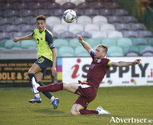 Galway United v Cobh Ramblers SSE Airtricity Leage First Division game at Eamonn Deacy Park. Galway United&rsquo;s Stephen Walsh and Jaze Kabia, Cobh Ramblers. photograph: Mike Shaughnessy