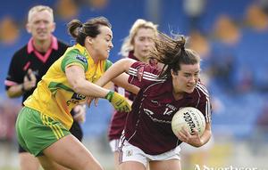 Nicole McLoughlin of Donegal tries to stop Roisin Leonard during the Lidl NFL Division 1 semi-final match between Galway and Donegal at Glennon Brothers Pearse Park in Longford. Photo by Matt Browne/Sportsfile 