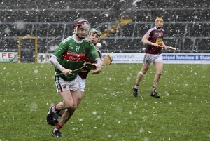 From snow to sun: James Gallagher in action for Mayo in the league against Westmeath earlier this season. 