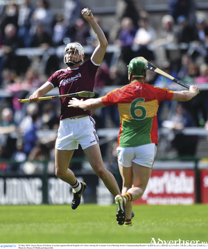 Jason Flynn, one of several skilled forwards for  Galway, in action against David English of Carlow during the Leinster GAA Hurling Senior Championship round 1 match between Galway and Carlow at Pearse Stadium in Galway. 
