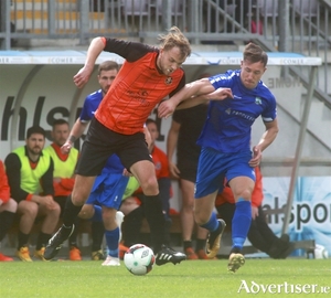Stephen Gilmore of Corrib Rangers and Manulla FC&#039;s Chris Maughan in action from the TP Brennan Cup final at Eamonn Decay Park, Sunday. 
				Photo:-Mike Shaughnessy