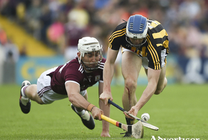 NOT ONE INCH GIVEN: Galway&#039;s Jason Flynn hounding Kilkenny&#039;s Huw Lawlor, during the historic victory at Nowlan Park in Kilkenny during the Leinster GAA Hurling Senior Championship Round 4 match  Photo by Daire Brennan/Sportsfile.