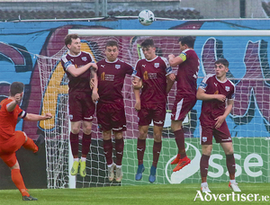 Galway United defensive wall of Conor Melody, Vinney Flaherty, Dara Costello, Marc Ludden and Cian Murphy prevent Athlone Town captain Kealan Dillon from scoring. Photo:-Mike Shaughnessy