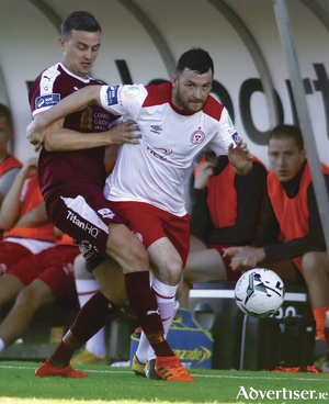 Galway United&#039;s Marc Ludden and Ryan Brennan of Shelbourne in action from the SSE Airtricity League first division clash at Eamonn Deacy Park, Friday. Photo:-Mike Shaughnessy